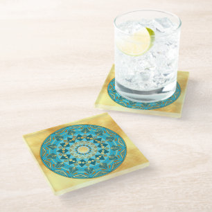 Dessous-de-verre En Verre Mandala bleu or sur fond or doux