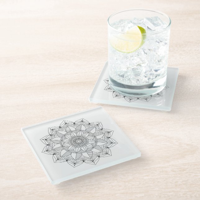 Dessous-de-verre En Verre Mandala Floral noir blanc v1 (Incliné)