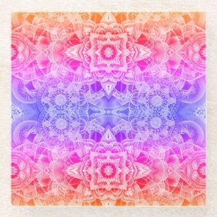 Dessous-de-verre En Verre Mandala kaléidoscopique en bleu, jaune et rose