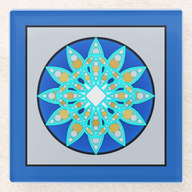 Dessous-de-verre En Verre Mandala Motif en bleu, gris et turquoise (Devant)