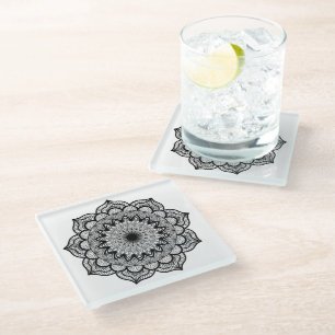 Dessous-de-verre En Verre Mandala noir sur fond blanc