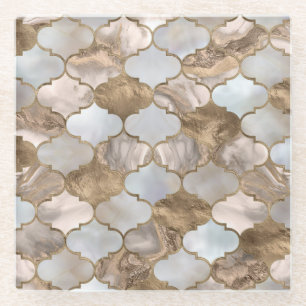 Dessous-de-verre En Verre Marbre blanc de treillis marocain et or