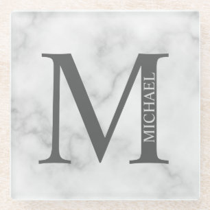 Dessous-de-verre En Verre Marbre blanc Monogramme personnalisé et nom