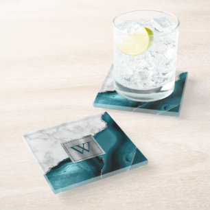 Dessous-de-verre En Verre Marbre blanc Turquoise Bleu Agate Argent Monogramm