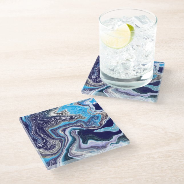 Dessous-de-verre En Verre Marbre bleu Fluide Art (Incliné)