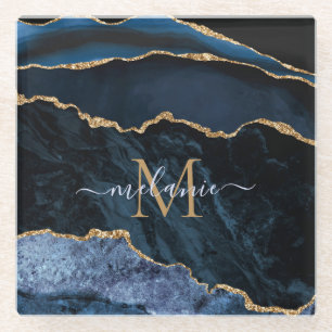 Dessous-de-verre En Verre Marbre bleu marine Monogramme Nom Dessous de verre