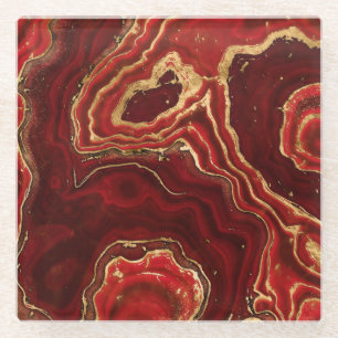 Dessous-de-verre En Verre Marbre liquide rouge et or Abstrait