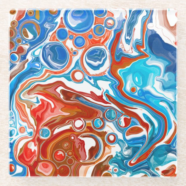 Dessous-de-verre En Verre Marbre rouge, blanc et bleu Art fluo (Devant)