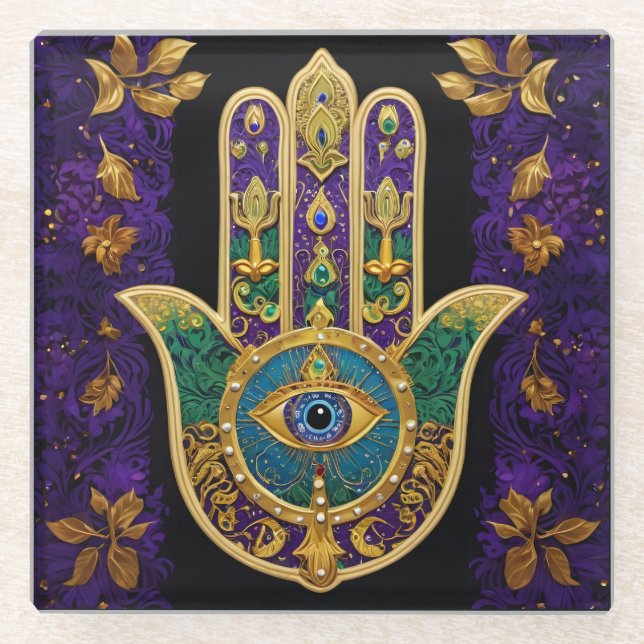 Dessous-de-verre En Verre Mardi Gras Gold violet vert Hamsas Art (Devant)