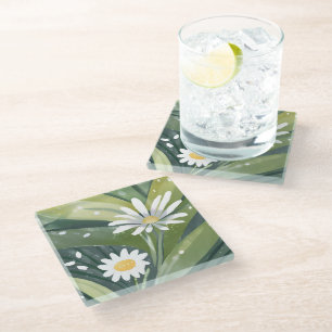 Dessous-de-verre En Verre Marguerites de printemps Jardin floral blanc aqu
