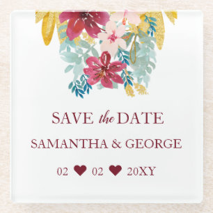 Dessous-de-verre En Verre Mariage botanique de Bourgogne Marsala Gold Floral