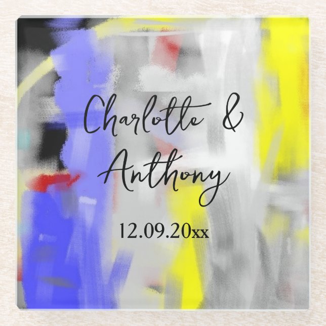 Dessous-de-verre En Verre Mariage Créatif Art Abstrait Bleu Jaune Blanc (Devant)