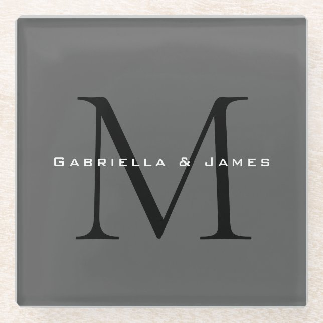 Dessous-de-verre En Verre Mariage de calligraphie gris-noir monogramme (Devant)