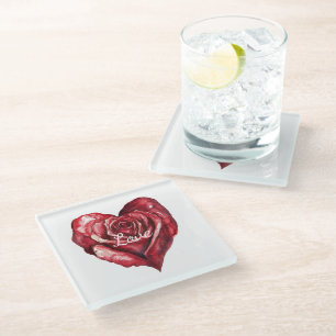 Dessous-de-verre En Verre Mariage de cœur floral de rose rouge romantique