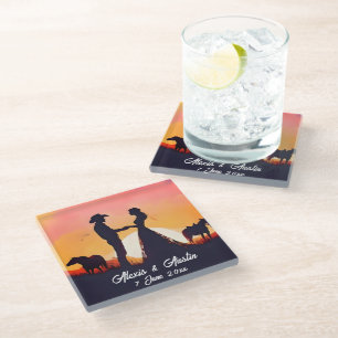 Dessous-de-verre En Verre Mariage de cowboy et cowgirl en silhouette