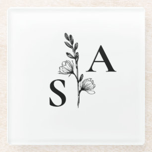 Dessous-de-verre En Verre Mariage Fleur sauvage minimaliste BW Monogram