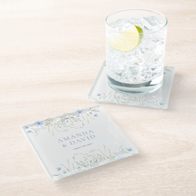 Dessous-de-verre En Verre Mariage Fleur sauvage périphérique bleu (Incliné)