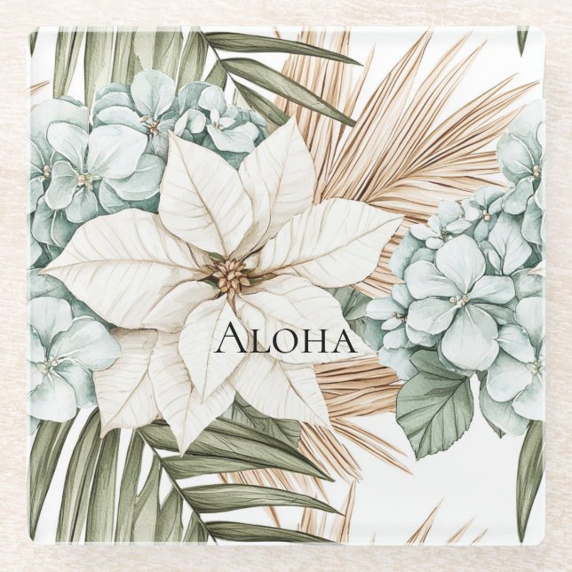 Dessous-de-verre En Verre Mariage Fleurs Blanches Bleu Tropical (Devant)