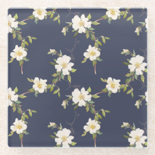 Dessous-de-verre En Verre Mariage floral bleu blanc de la marine romantique