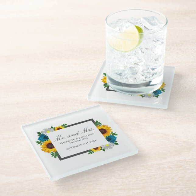 Dessous-de-verre En Verre Mariage Floral Tournesol Rose Marguerite (Incliné)