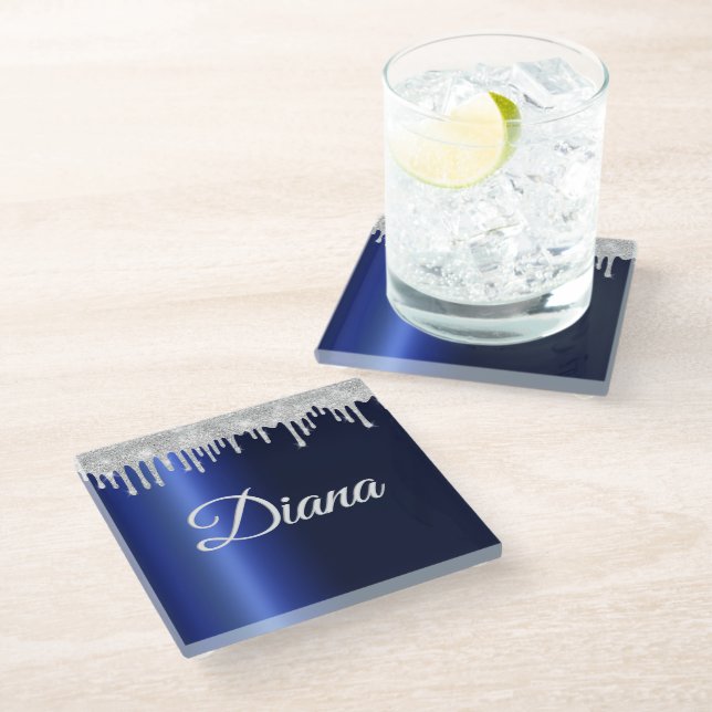 Dessous-de-verre En Verre Marine Bleu Métallurier Éclat Personnalisé (Incliné)