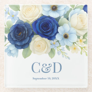 Dessous-de-verre En Verre Marine Royal Bue Mariage Aquarelle couleur ivoire