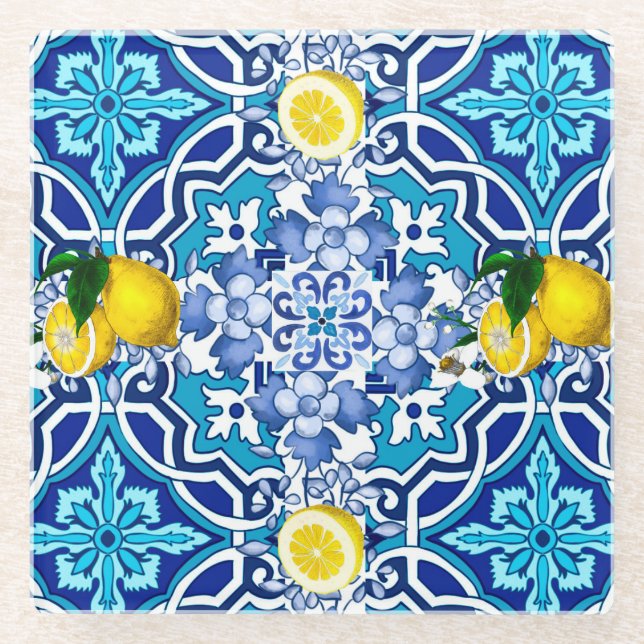 Dessous-de-verre En Verre Méditerranée, majolica, tuiles, citrons, agrumes (Devant)