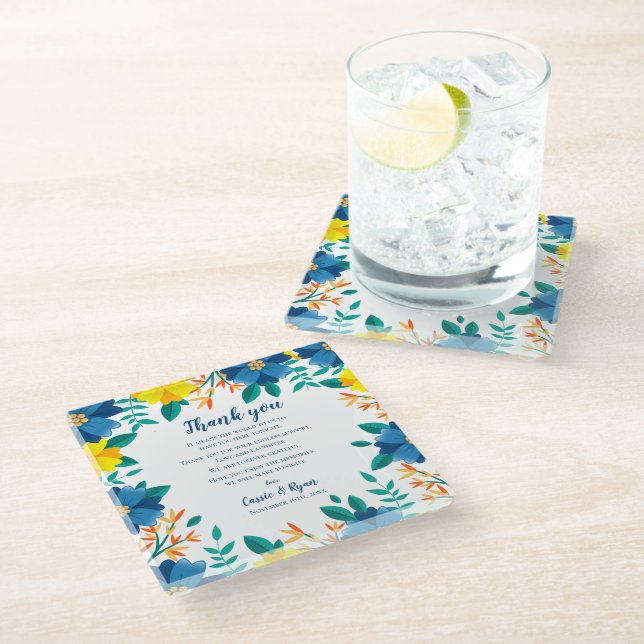 Dessous-de-verre En Verre Message de Merci Mariage bleu jaune chic (Incliné)