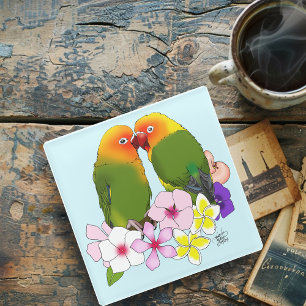 Dessous-de-verre En Verre Mignons Inséparables Fleurs Tropicales Oiseau Roma