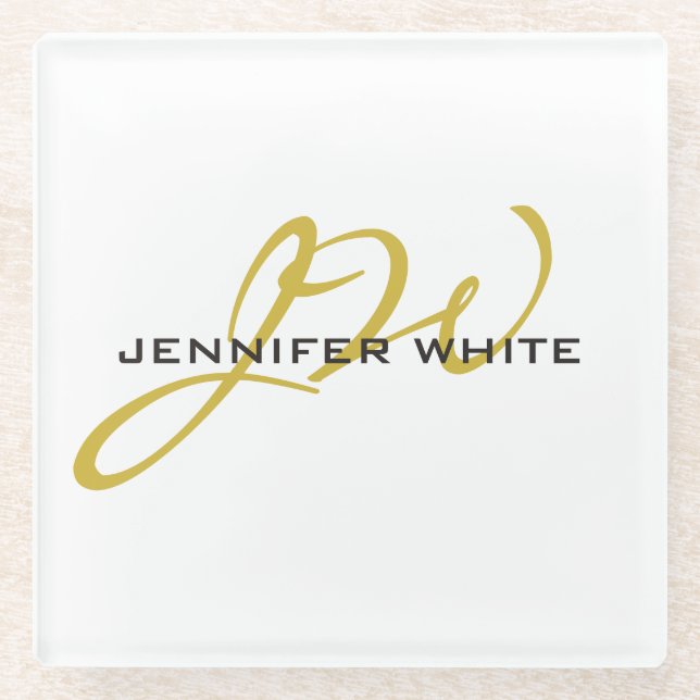 Dessous-de-verre En Verre Monogramme blanc or couleur plaine minimaliste mod (Devant)