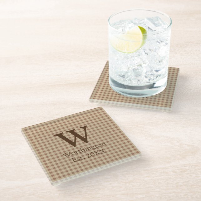 Dessous-de-verre En Verre Monogramme Buffalo rouille beige Plaid rustique (Incliné)