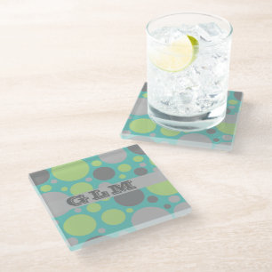 Dessous-de-verre En Verre Monogramme Bulles Vert et Gris Moderne