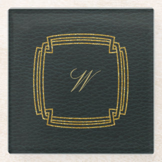 Dessous-de-verre En Verre Monogramme Carré simple sur cuir foncé