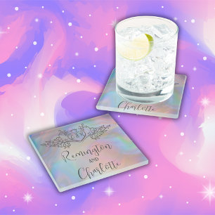Dessous-de-verre En Verre Monogramme Elégant coloré Mère-de-Perle Mariage