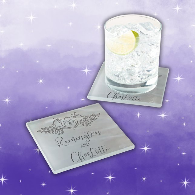 Dessous-de-verre En Verre Monogramme Elegant lilas Mère de Pearl Mariage (Créateur téléchargé)