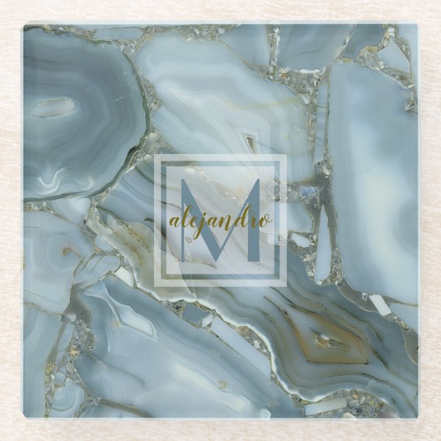 Dessous-de-verre En Verre Monogramme en pierre naturel de marbre bleu (Devant)