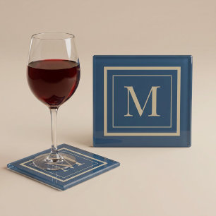 Dessous-de-verre En Verre Monogramme encadré bleu personnalisé et vanille