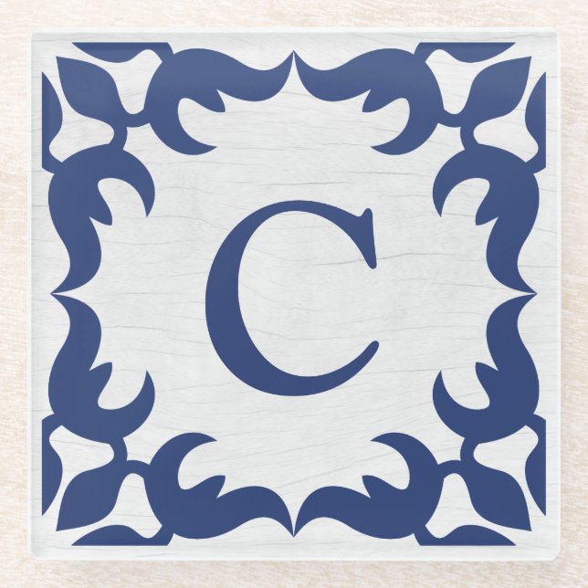 Dessous-de-verre En Verre Monogramme encadré en Filigree en bleu marine (Devant)