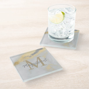 Dessous-de-verre En Verre Monogramme Marbre or et gris