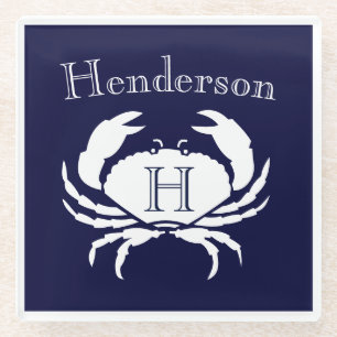 Dessous-de-verre En Verre Monogramme Marine Bleu Crabe Blanc Verre Nautique 