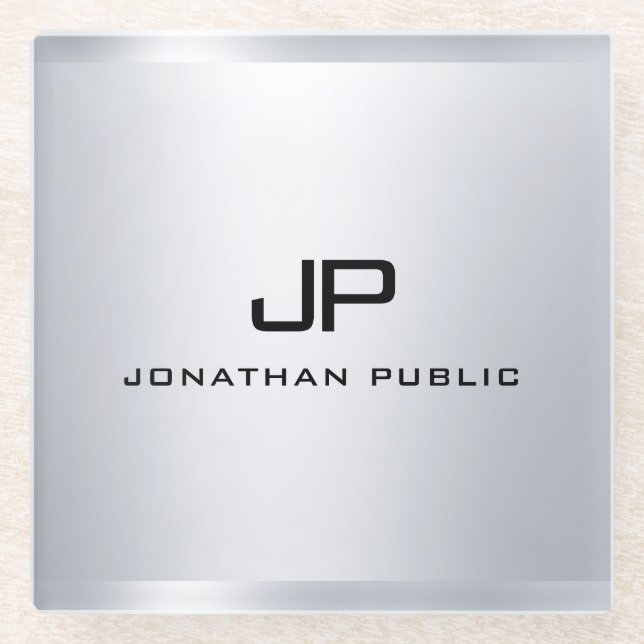 Dessous-de-verre En Verre Monogramme Métallurgique Argent Look Modèle Élégan (Devant)