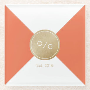 Dessous-de-verre En Verre Monogramme minimaliste orange mariage moderne