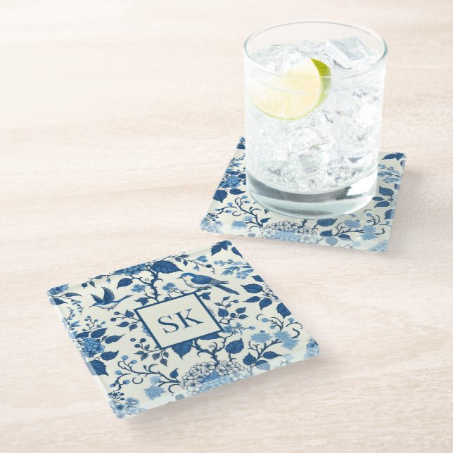 Dessous-de-verre En Verre Monogramme personnalisé Chinoiserie Bleu et blanc (Incliné)