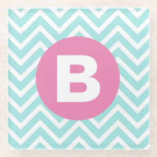 Dessous-de-verre En Verre Monogramme rose chevron bleu clair tendance