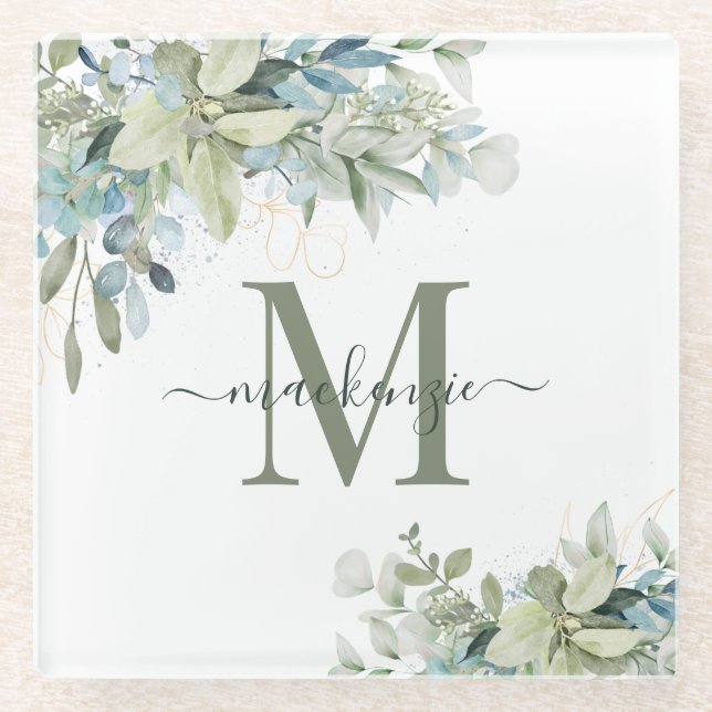 Dessous-de-verre En Verre Monogramme végétal moderne Eucalyptus (Devant)