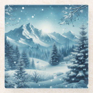 Dessous-de-verre En Verre Montagne d'hiver de neige