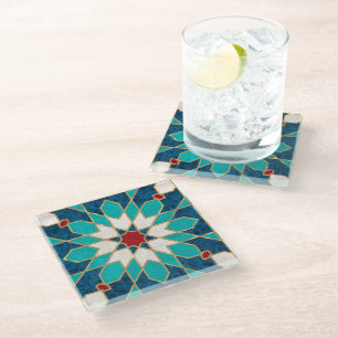 Dessous-de-verre En Verre Mosaïque marocaine de marbre blanc Turquoise bleu 