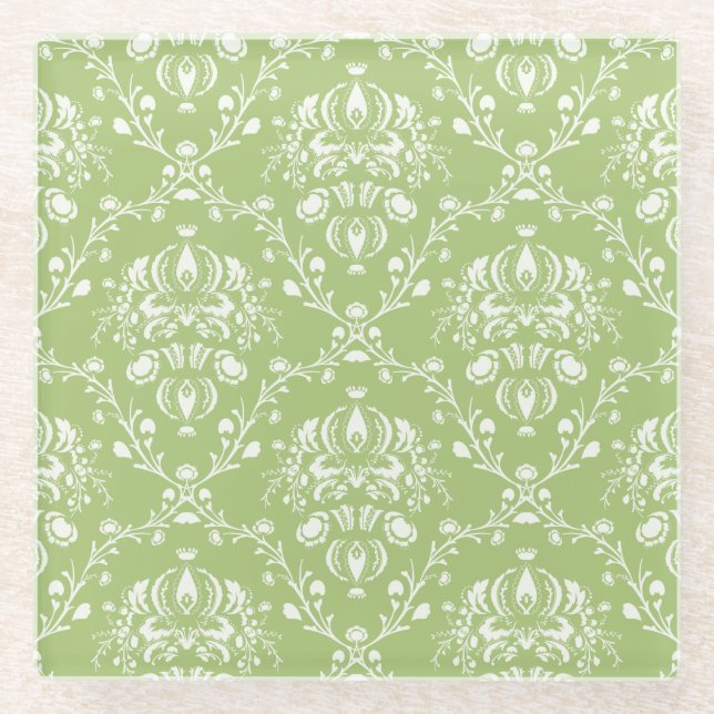 Dessous-de-verre En Verre Moss Green Damask (Devant)