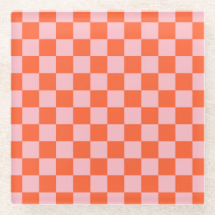Dessous-de-verre En Verre Motif à carreaux orange et rose