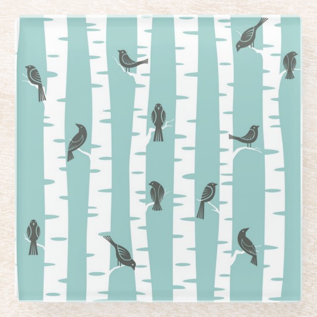 Dessous-de-verre En Verre Motif avec des oiseaux et des arbres (Devant)